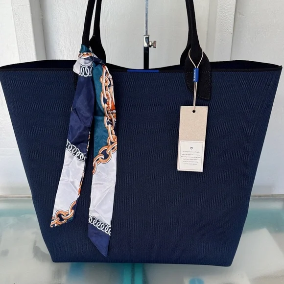 Rothy’s Bag Large Elegant Navy Blue Canvas Tote Bag with Scarf Accent - Picture 3 of 15